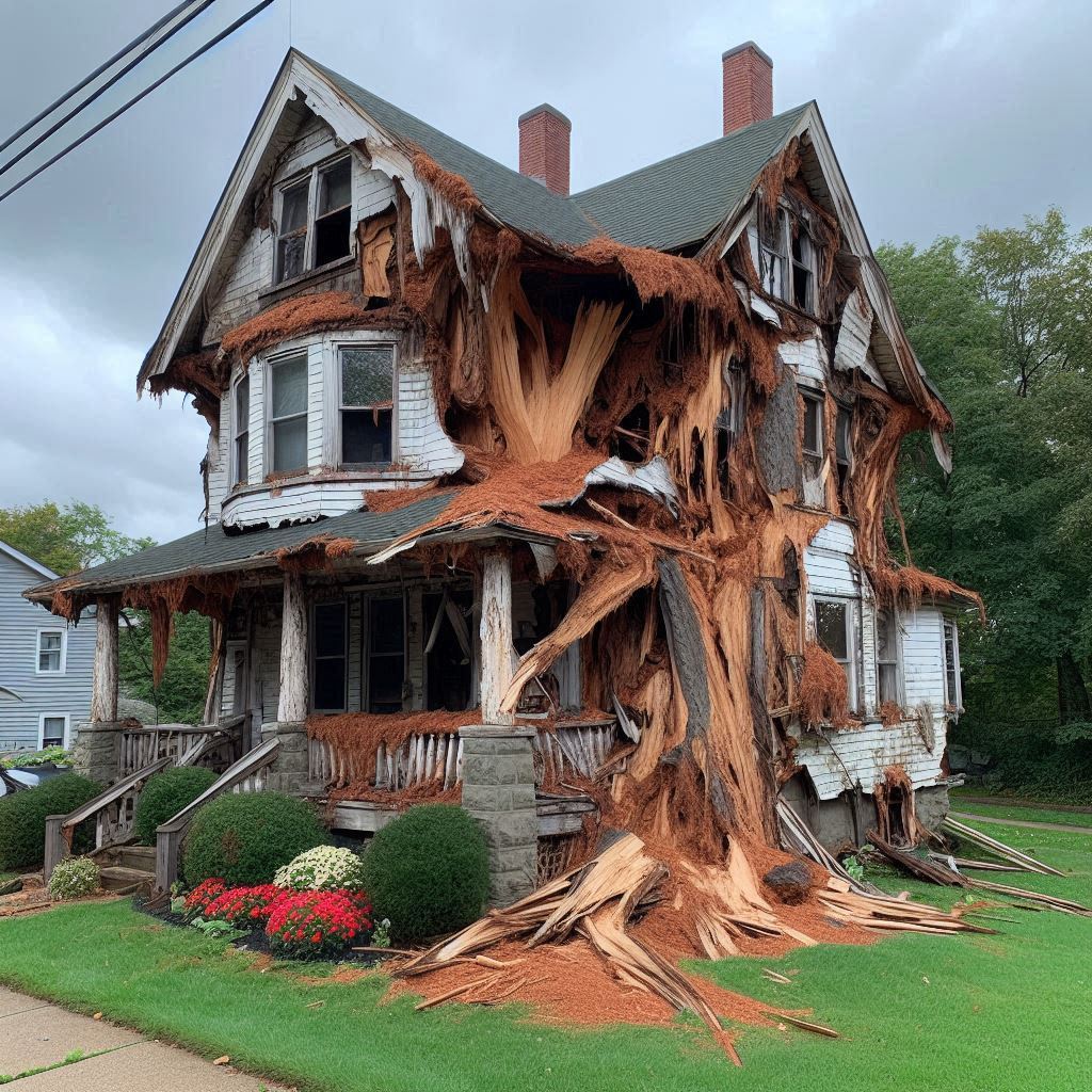Damaged tree on an Miami Beach home showing signs of disease and decay